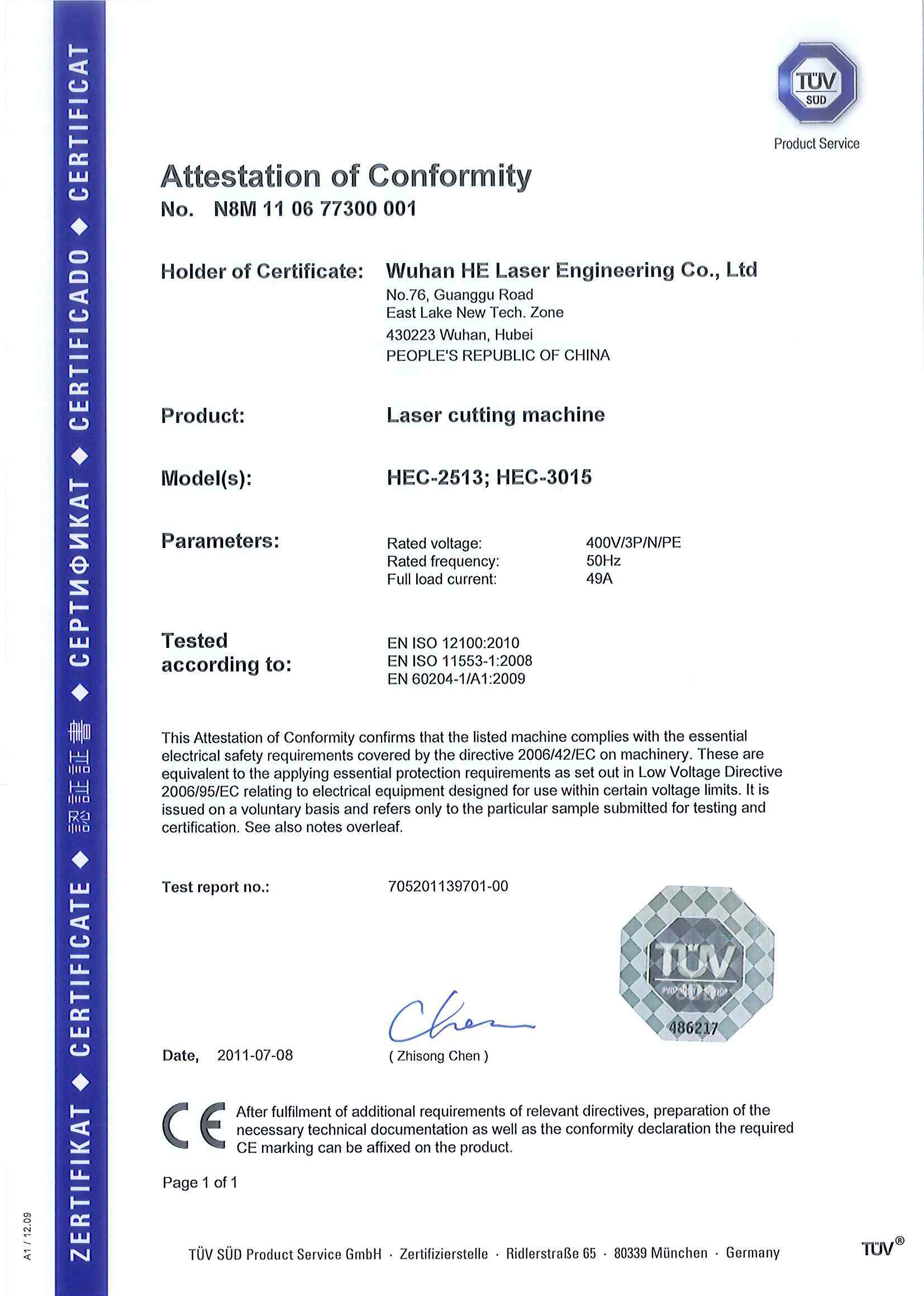 CE For HE Laser Cutting Machine